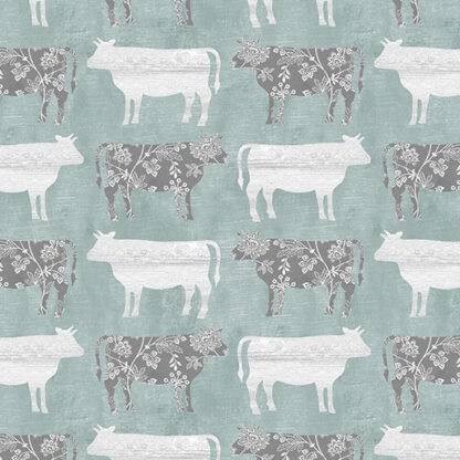 BENARTEX CALICO COWS MEDIUM TEAL CHALK BARN