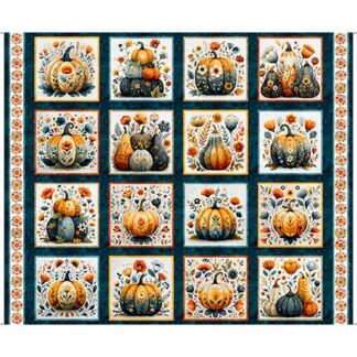 QT FABRICS HARVEST HOLLOW DECORATIVE PUMPKIN PICTURE DK TEAL 1 YARD PANEL