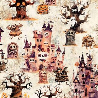 QT FABRICS A HAUNTING WE WILL GO HAUNTED LANDSCAPE OATMEAL