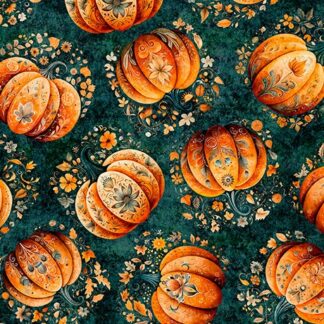 QT FABRICS HARVEST HOLLOW TOSSED PUMPKINS TEAL